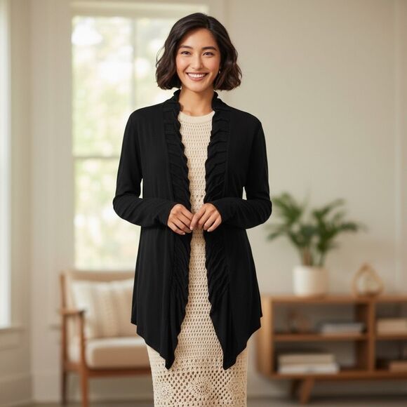 Chico’s Travelers Black Ruffle Front Cardigan XL - Picture 1 of 6